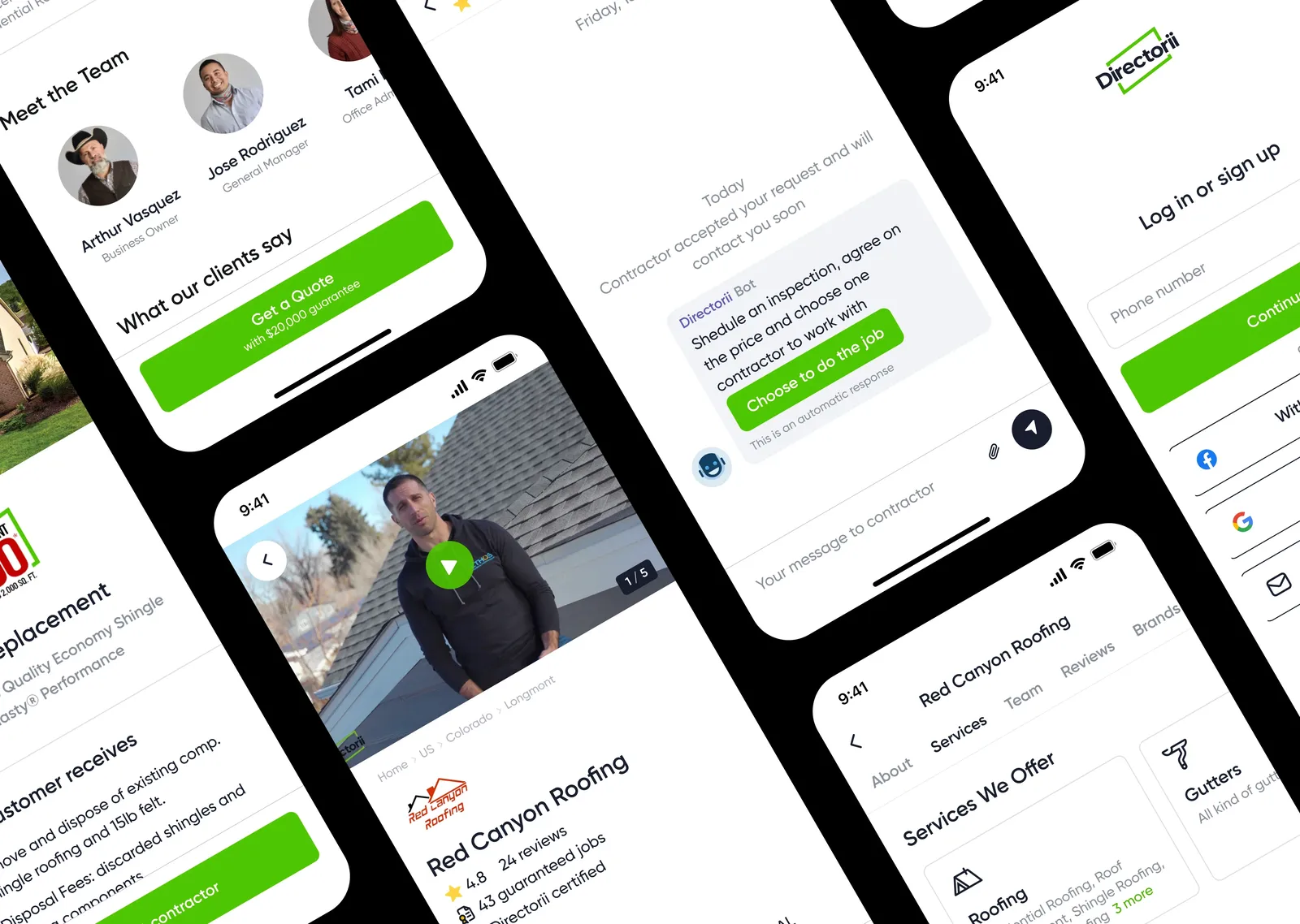 Ten screens of the homeowner flow — the contractor profile, the video, the team, the quote request and the chat with the bot