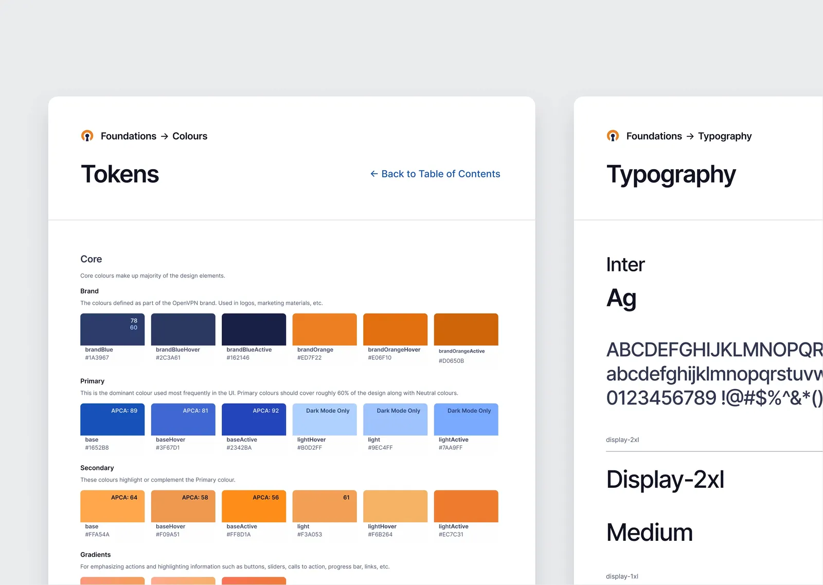 The system's foundations in Storybook — colour tokens with their APCA contrast scores, and the type ramp beside them