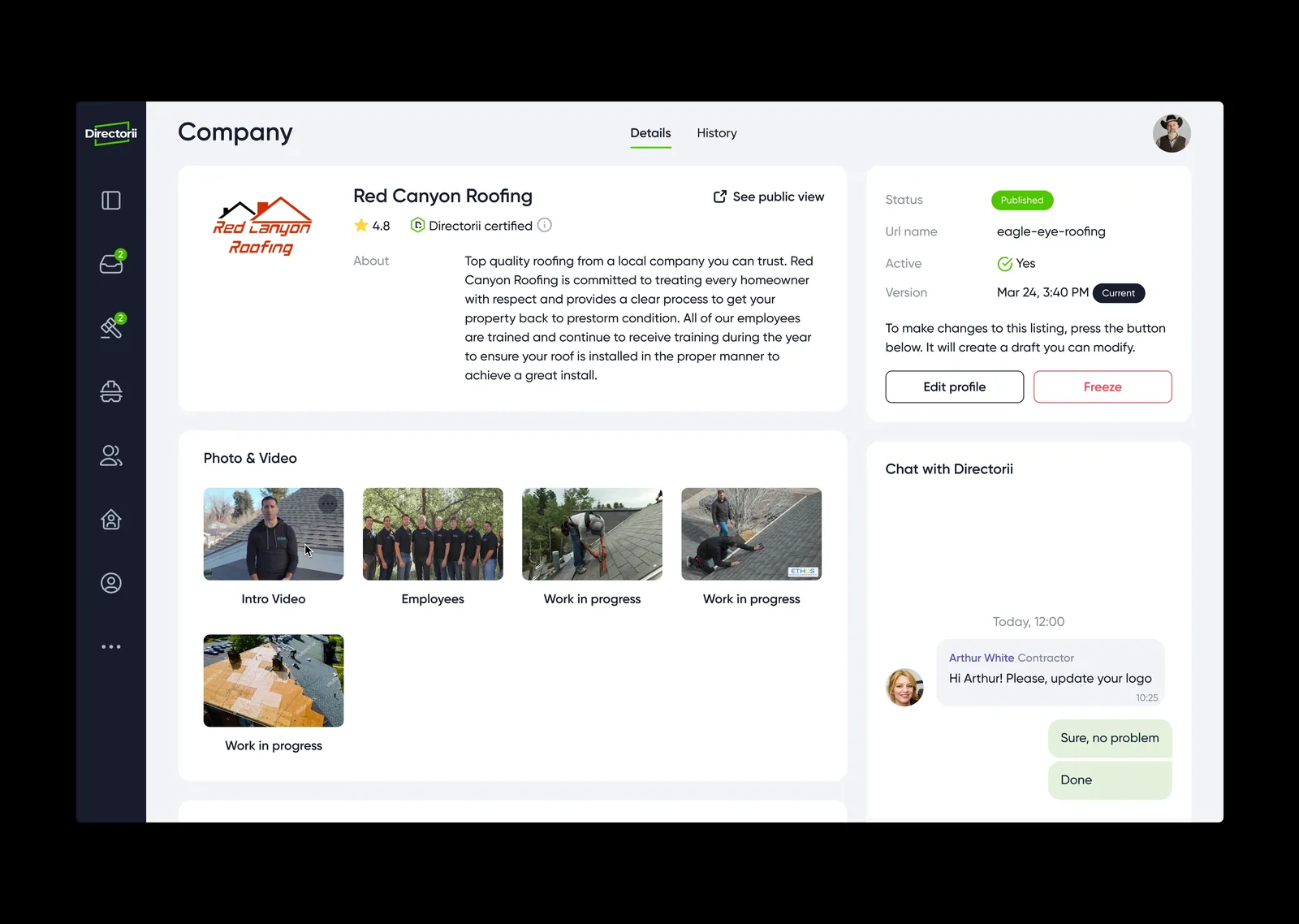 The back office in 2021: a contractor company page with its media, moderation status and the chat with support